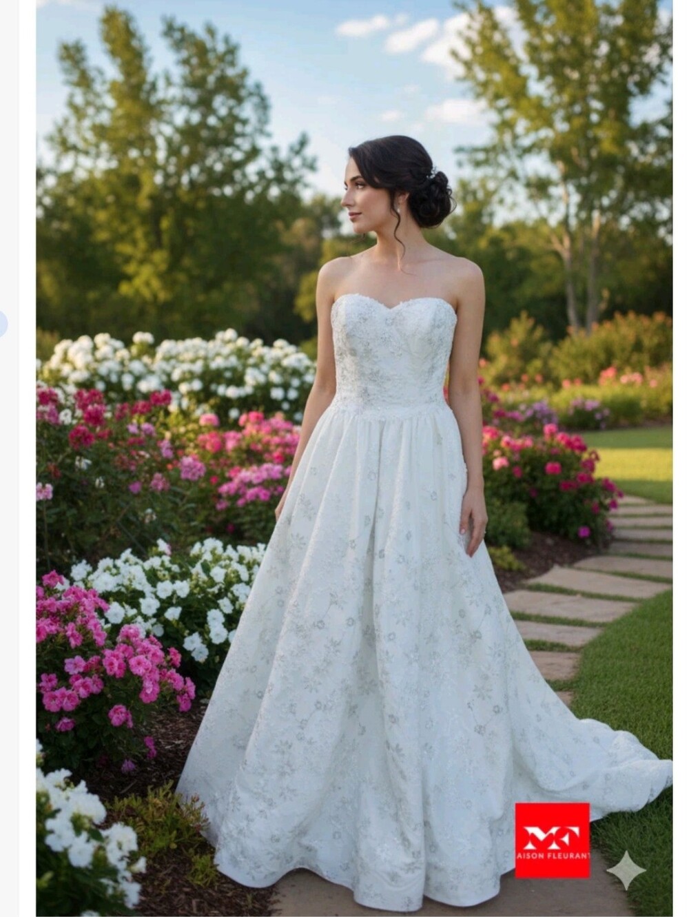 Oleg‎ Cassini Strapless White Floral Lace Ball Gown Wedding Dress